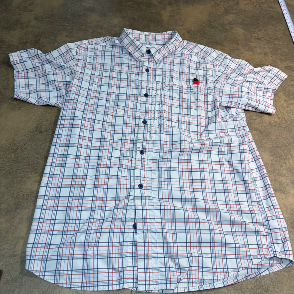 Columbia Button Up Shirt Mens Large White Blue Red Plaid AM9008 Omni-Wick